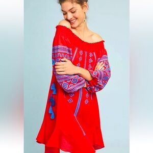 Anthropologie Scarlet Peasant  Puff Sleeve Embordered Red Blue Ranna Gill Small